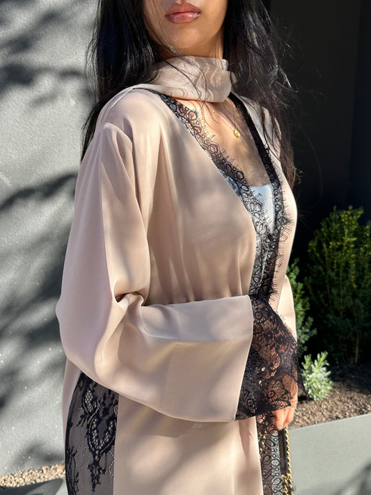 Lyla Lace Abaya | Sand Beige