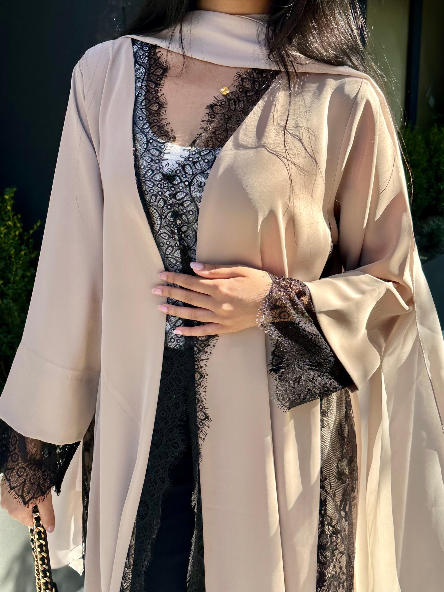 Lyla Lace Abaya | Sand Beige
